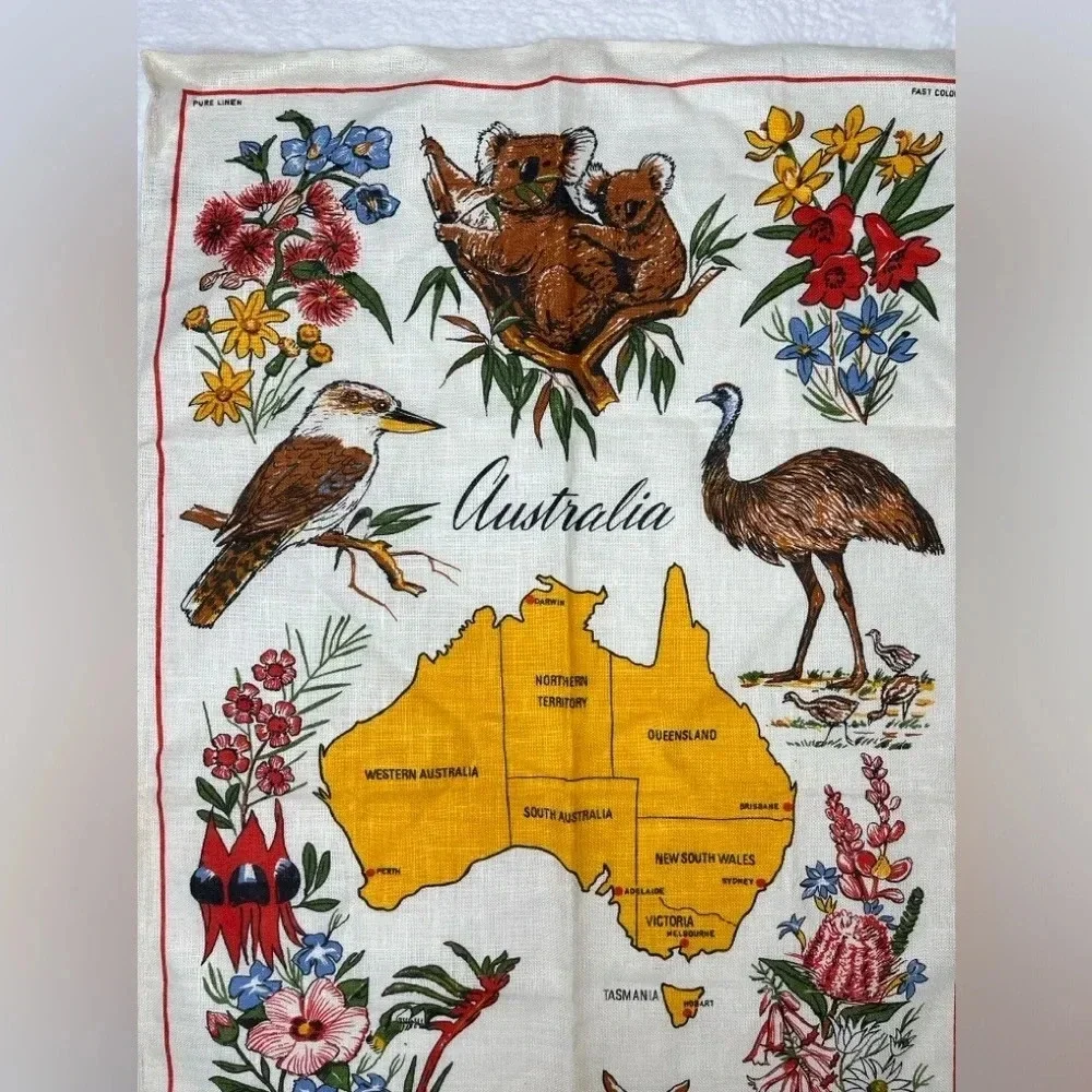Vintage Map of Australia by HEIL Linen Tea Towel Wall Art Tapestry Linen Koala